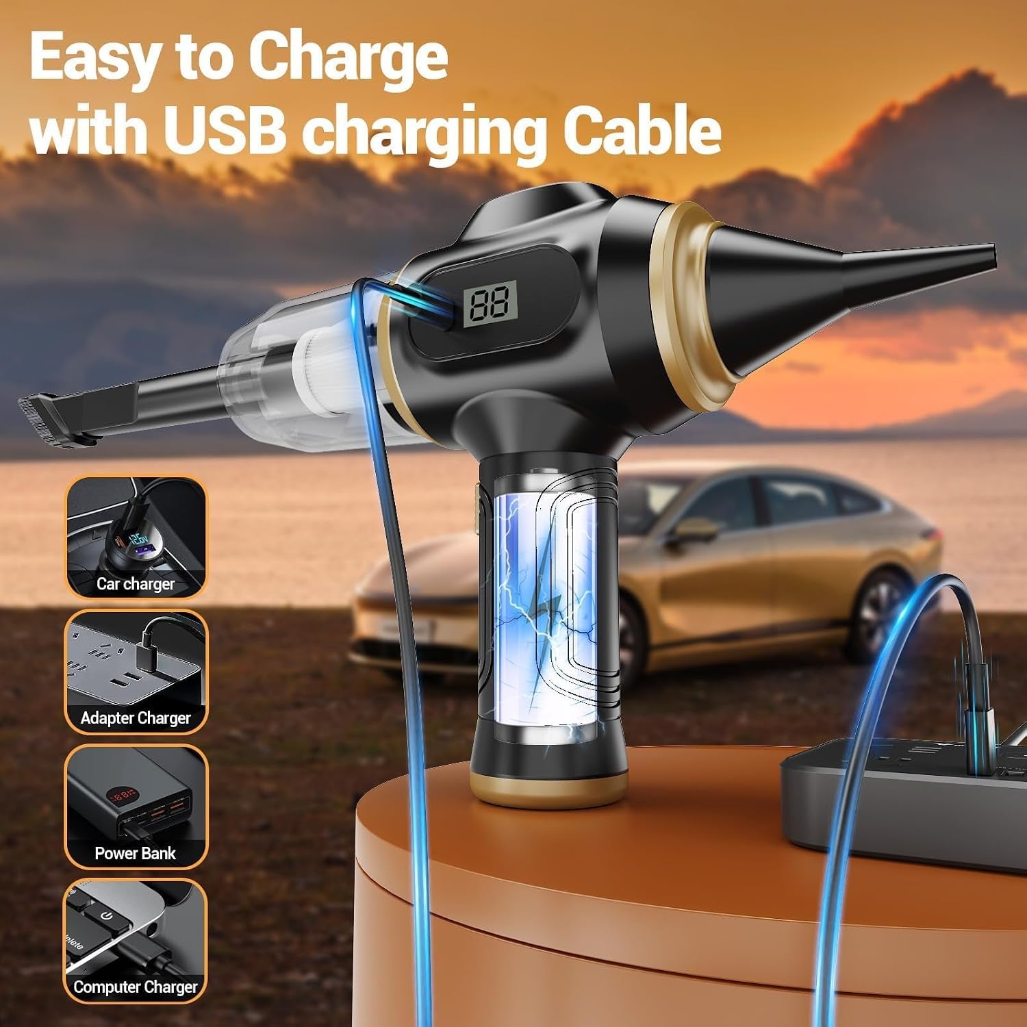 Portable Car Vacuum Cordless Mini Handheld Vacuums Cleaner | Rechargeable with LCD Display and Multi-Nozzles, High Power Hand Held Cleaners for Car, Home, Office, Sofa, Pet Hair,Keyboard