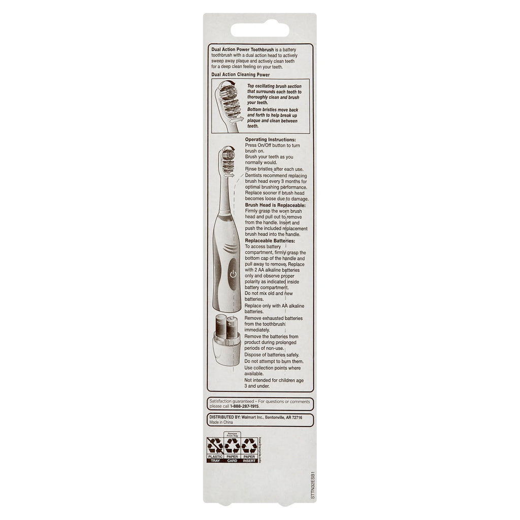 Advanced Dual Action Battery-Powered Electric Toothbrush with 2 Replacement Heads, White