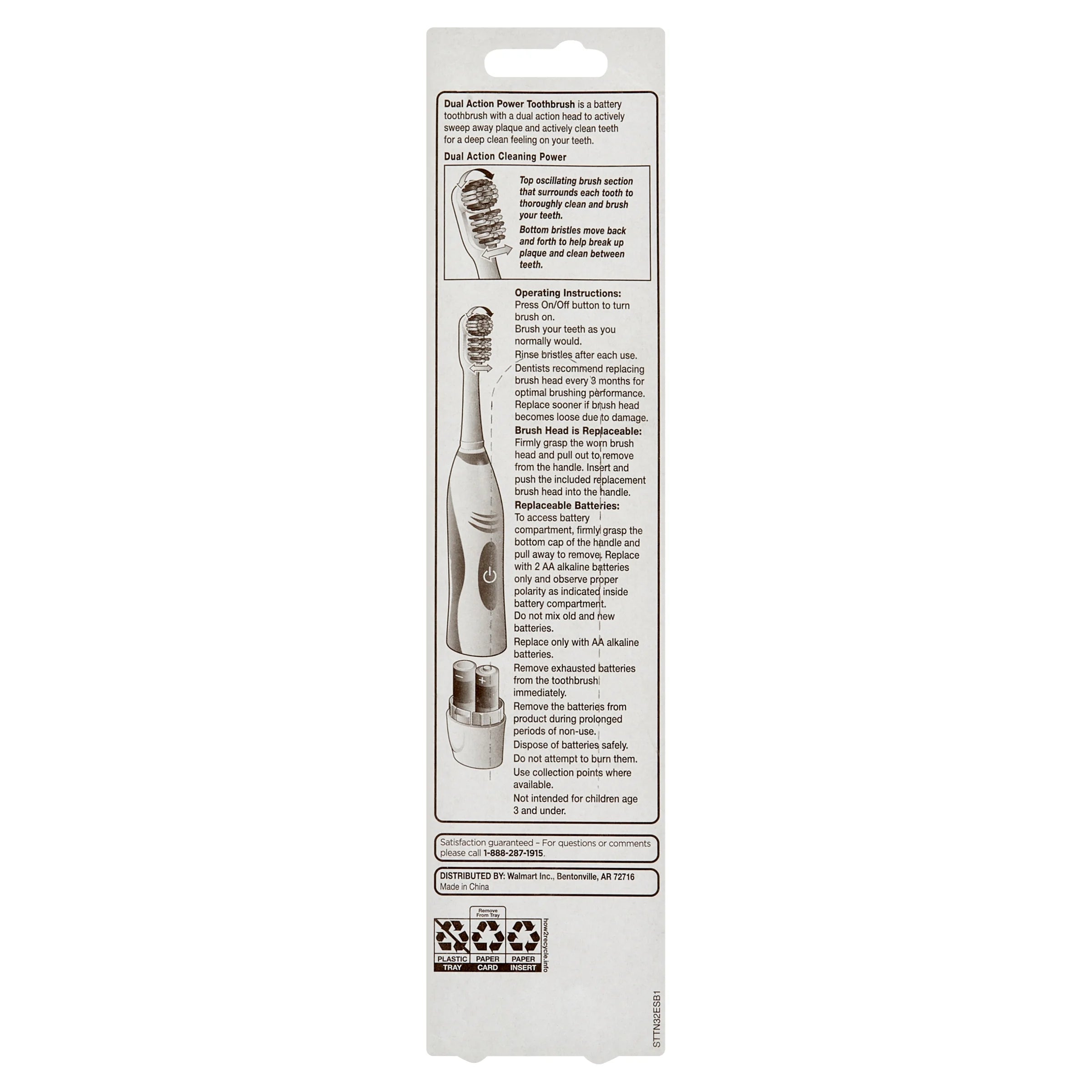 Advanced Dual Action Battery-Powered Electric Toothbrush with 2 Replacement Heads, White