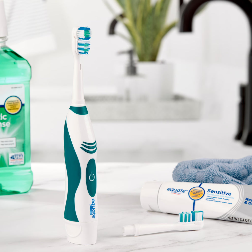 Advanced Dual Action Battery-Powered Electric Toothbrush with 2 Replacement Heads, White