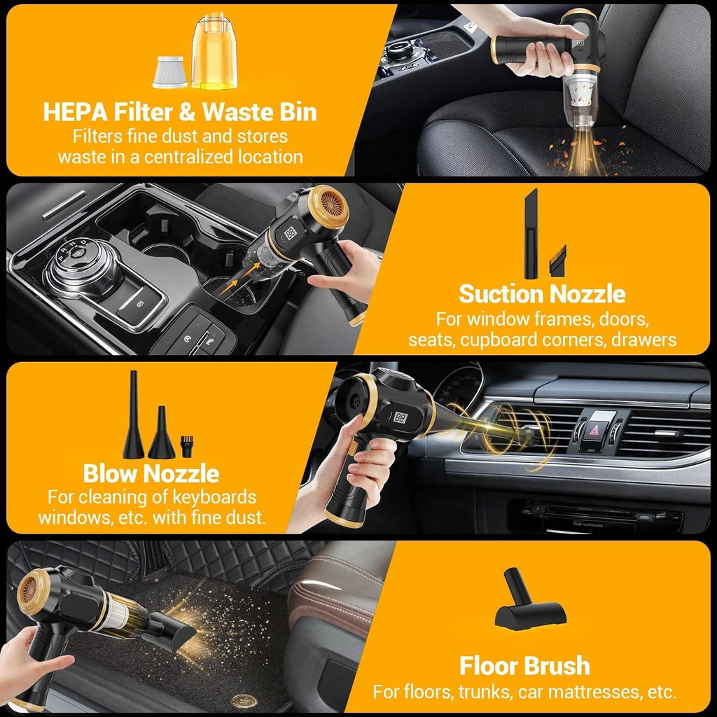 Portable Car Vacuum Cordless Mini Handheld Vacuums Cleaner | Rechargeable with LCD Display and Multi-Nozzles, High Power Hand Held Cleaners for Car, Home, Office, Sofa, Pet Hair,Keyboard